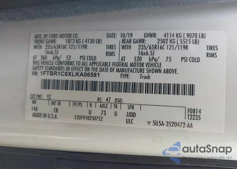 2020 Ford Transit-250 z USA, uszkodzony, nr VIN 1FTBR1C8XLKA06581